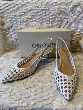 On 34th White Woven Slingback Pointed-Toe Heels #630